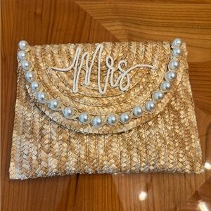 Woven Straw Mrs. Pearl-Trim Clutch - Natural